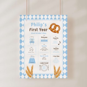 Panneau d'affichage pour le premier anniversaire de l'Oktoberfest, modèle modifiable, thème de la fête ONEtoberfest, bleu bavarois allemand, panneau pour le 1er anniversaire