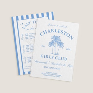 Charleston Coastal  Bachelorette Invitation Itinerary, Last Toast On The Coast Theme, Blue Girls Weekend Trip, Editable DIY Hen Party Invite