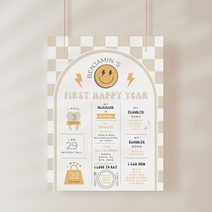 Tableau des jalons première année One Happy Dude beige, modèle modifiable, affiche de fête à carreaux beige, thème visage sourire heureux, panneau One Mec cool