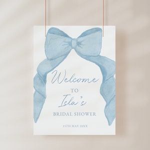 Blue Bow She's Tying the Knot Bridal Shower Welcome Poster Template, Coquette Bow Theme, Garden Party Decor, Wedding Shower, Editable Sign