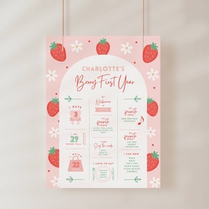 Modèle de planche d'étape importante pour le premier anniversaire des baies, thème Sweet One fraise, panneau d'étape 1er anniversaire, affiche modifiable, marguerite rouge rose