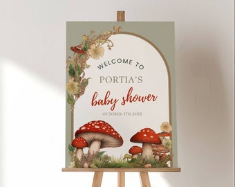 Cottagecore Mushroom Baby Shower Welcome Sign Template, Woodland Theme, Forest Toadstool Poster, Gender Neutral, Editable Digital Download