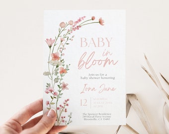Inbjudan till babyshower med blommotiv, redigerbar mall, boho-tema för vilda blommor för flicka, rodnande vårblommor, blommig inbjudan, DPBB4