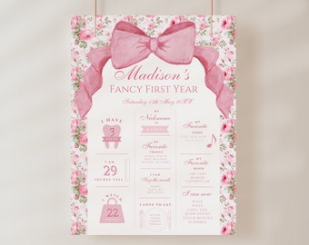 Modèle de tableau d'étape pour le premier anniversaire avec nœud floral rose, style shabby chic, affiche modifiable