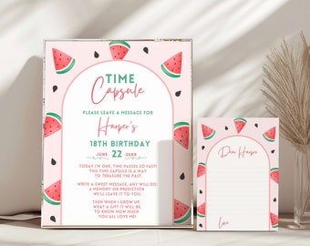 Puede incluir: Un cartel de cápsula del tiempo de temática sandía rosa y verde con el texto "Time Capsule" y "Please leave a message for Harper's 18th Birthday June 22 20XX". El cartel también incluye el texto "Today I'm one, time passes so fast! This time capsule is a way to treasure the past. Write a sweet message, any will do. A memory or prediction we'll leave it to you. Then when I grow up, what a gift it will be to know how much you all love me!"