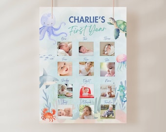 May include: A blue and white baby's first year photo collage with a nautical theme. The collage features a baby's photo for each month of the year, with illustrations of sea creatures like an octopus, turtle, shark, jellyfish, and a seahorse. The text "CHARLIE'S First Year" is at the top of the collage.