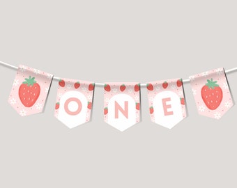 Sjabloon voor spandoek verjaardag kinderstoel aardbei, Berry First Party-thema, bewerkbare kaarten, bord Sweet One kinderstoel, speerpuntslinger decor