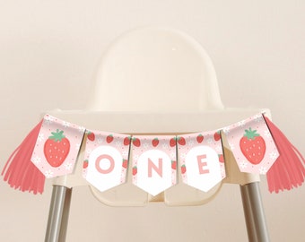 Sjabloon voor spandoek Berry eerste verjaardag kinderstoel, aardbeifeestthema, bewerkbare kaarten, bord Sweet One kinderstoel, speerpuntslinger