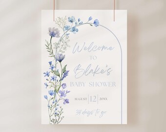 Dusty Blue Baby in Bloom Welcome Sign, Editable Template, Floral Baby Shower Signage, Boy Baby Shower, Wildflower Theme, Poster Board, DBBB3