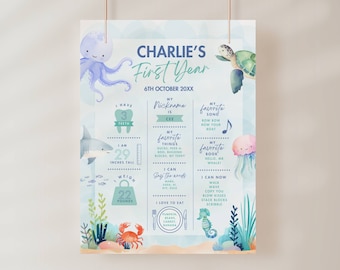 May include: A blue and green illustrated chart for a baby's first year. The chart features a variety of sea creatures, including an octopus, a shark, a turtle, a crab, a seahorse, and a jellyfish. The chart includes information about the baby's age, height, weight, favorite things, and abilities. The text on the chart reads "Charlie's First Year", "6th October 20XX", "I have 3 teeth", "I am 29 inches tall", "I weigh 22 pounds", "My nickname is CEE", "My favorite things: ducks, peek-a-boo, bath time, blocks, my teddy", "My favorite song: Row Row Row Your Boat", "My favorite book: Hello, Mr. Whale!", "I can say the words: Mama, Dada, Ba, Ba, Duh", "I love to eat: Pumpkin, Beans, Carrot, Banana", "I can now: Walk, Wave, Copy You, Blow Kisses, Stack Blocks, Scribble".