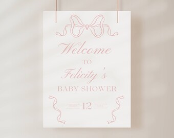 Bearbeitbare Rosa Schleife Babyparty Willkommensschild Vorlage, Blush Hand gezeichnet Band, Schleife Thema Poster, Dusty Rose Minimalist, Preppy Baby Girl Zeichen