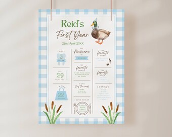 May include: A blue and white gingham background with a duck wearing a party hat. The text "Reid's First Year" is at the top of the page. The page also includes information about the child's first year, such as the number of teeth, favorite things, and favorite foods.