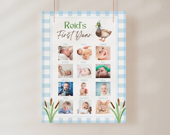 May include: A blue and white gingham background with a duck illustration and a photo collage of a baby boy's first year. The title reads "Reid's First Year" with photos of the baby from each month.