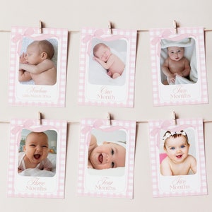 Faixa de primeiro aniversário de meninas com laço rosa, marco fotográfico, tema de festa em guingão pastel, modelo editável, marco mensal, colagem do primeiro ano