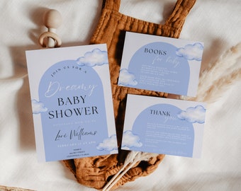 May include: Three baby shower cards with a blue and white watercolor cloud design. The cards have the text "Join us for a Dreamy Baby Shower", "Books for Baby", and "Thank You".