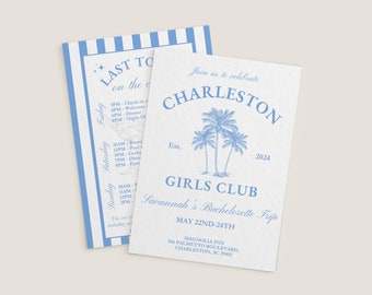 Charleston Coastal  Bachelorette Invitation Itinerary, Last Toast On The Coast Theme, Blue Girls Weekend Trip, Editable DIY Hen Party Invite