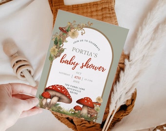 Cottagecore Mushroom Baby Shower Invite Template, Forest Woodland Sprinkle, Fungi Theme Invitation, Gender Neutral, Editable Download