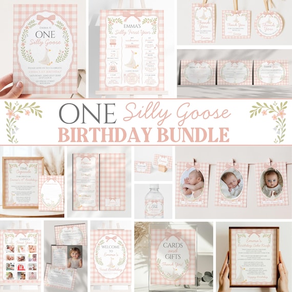 One Silly Goose First Birthday Bundle, Editable Templates, Pink Gingham Goose Party Invite, Vintage Floral Bow Theme, Girl 1st Birthday