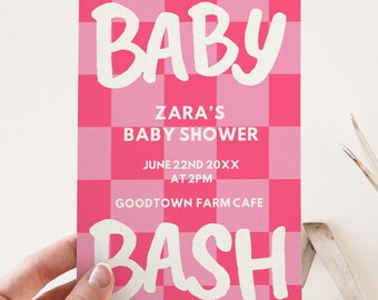 Pink Checkerboard Baby Shower Invitation, Baby Bash Theme, Y2K Aesthetic, Minimalist Baby Shower Invite, Baby Girl Shower, Editable Invite