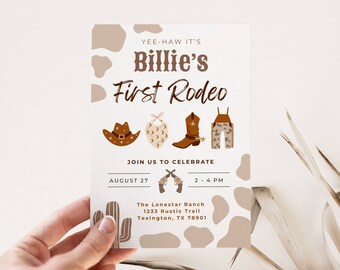 Meu primeiro modelo de convite de aniversário de rodeio, convite para a primeira festa, tema de cowboy, festa no campo do velho oeste, gênero neutro, download editável