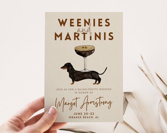 Daschund and Martini Bachelorette Invitation Itinerary Template, Weenies and Martinis, Weiner Dog Theme, Weekend Hen Party, Editable Invite