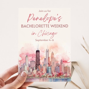 Modelo de convite e itinerário para despedida de solteira do Chicago Nights, Travel Bach, despedida de solteira em Illinois, convite rosa faça você mesmo, download digital editável