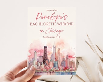 Chicago Nights Bachelorette Invitation and Itinerary Template, Travel Bach, Illinois Hen Party, Pink DIY Invite, Editable Digital Download