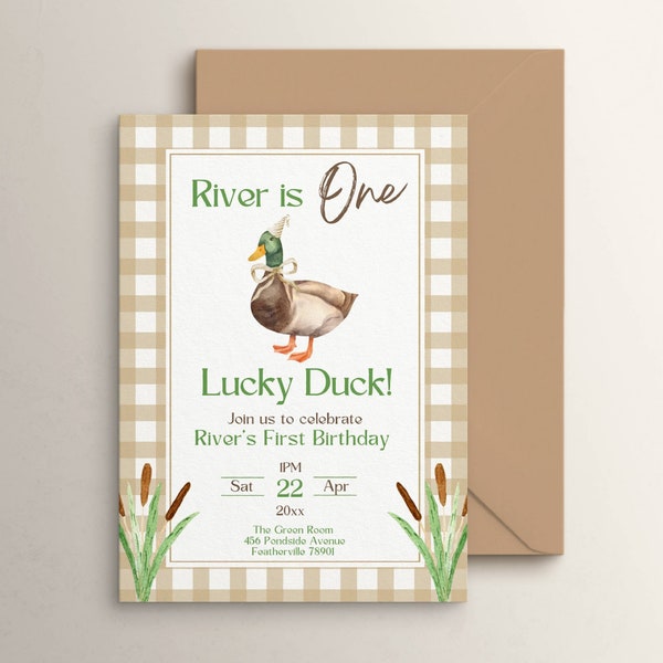 Neutral Gingham Duck Birthday Party Invitation Template, One Lucky Duck 1st Party Invite, Mallard Duck Hunting Theme, Editable Download