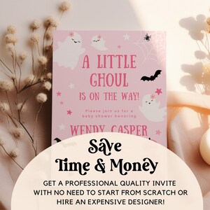 Mall för pastellrosa spökinbjudan till babyshower, ett litet spöke är på väg, Halloweeninbjudan, flickaströssel, redigerbar digital nedladdning bild 7