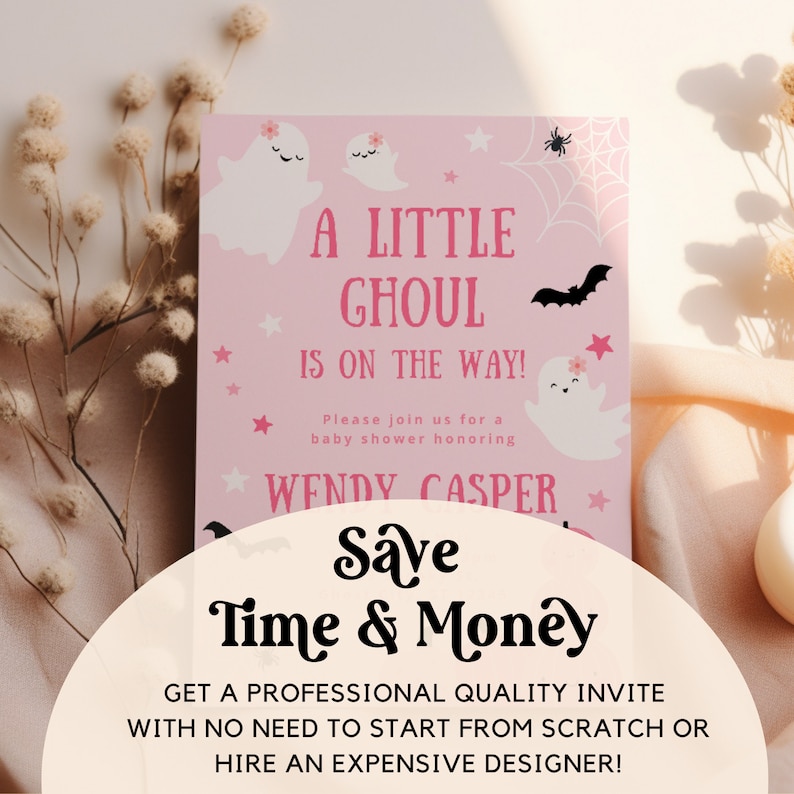 Mall för pastellrosa spökinbjudan till babyshower, ett litet spöke är på väg, Halloweeninbjudan, flickaströssel, redigerbar digital nedladdning bild 7