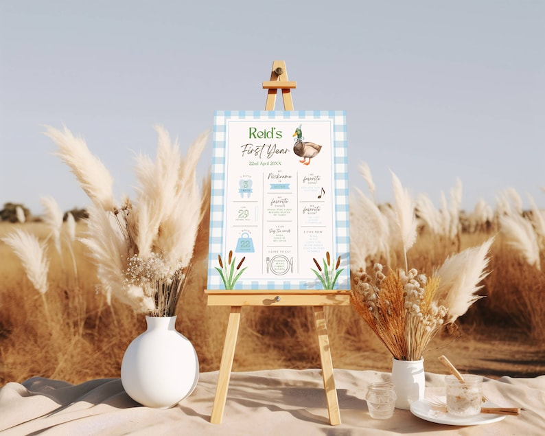 May include: A blue and white gingham poster with a duck illustration and the text "Reid's First Year 22nd April 20XX". The poster lists milestones such as first tooth, first word, and first steps.