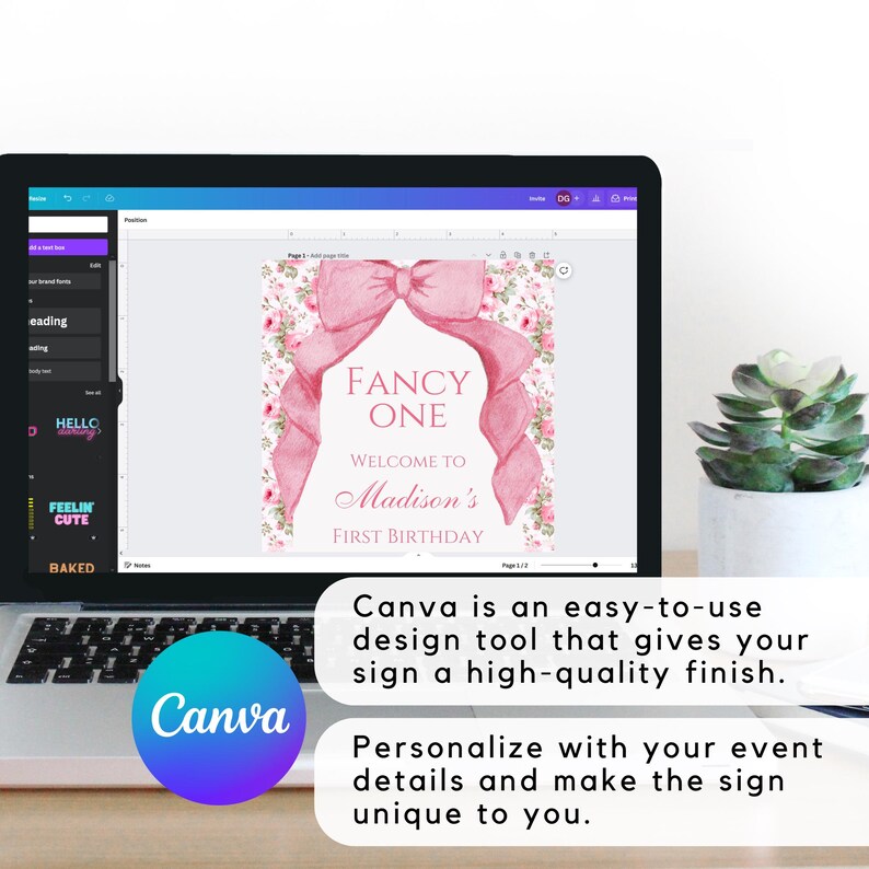 Op de afbeelding: Een roze en wit printbaar bord met een strik en bloemenpatroon. De tekst op het bord luidt "Fancy One, Welcome to Madison's First Birthday".