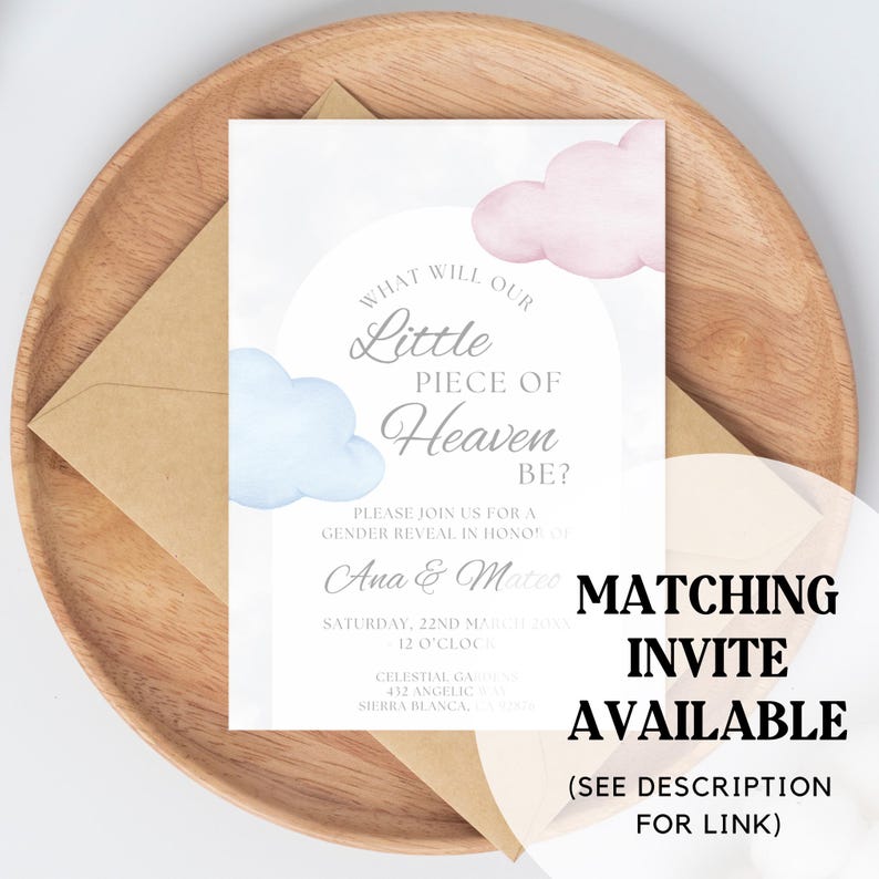 May include: A gender reveal invitation with the text "What will our Little Piece of Heaven Be?" features watercolor clouds in pink and blue. The invitation is on a white background with a brown envelope and wooden plate.
