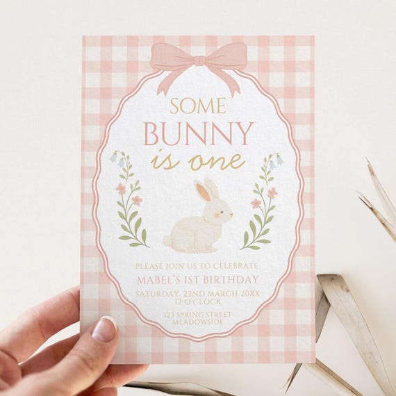 Some Bunny is One First Birthday Invitation, Editable Template, Pink Gingham Bunny Party Invite, Vintage Floral Bow Theme, Girl 1st Birthday