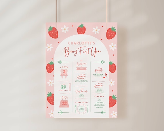 Berry First Birthday Milestone Board Template, Sweet One Strawberry Theme, 1st Birthday Milestone Sign, Editable Poster, Red Pink Daisy