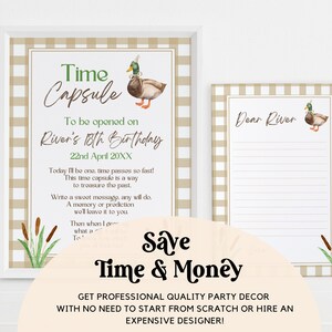 May include: A printable time capsule sign with a duck illustration and the text "Time Capsule" and "To be opened on River's 18th Birthday 22nd April 20XX". The sign is framed and has a brown and white gingham background.