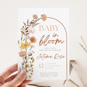 Autumn Baby in Bloom Baby Shower Invitation, Editable Template, Fall Wildflower Theme, Gender Neutral,  Boho Flowers, Floral Invite, FBB3