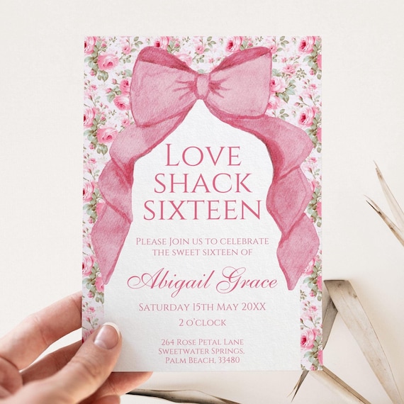 Coquette Pink Bow Sweet 16 Invitation Template, Love Shack Fancy Sweet Sixteen, Preppy Floral Birthday Party Theme, Editable Invite