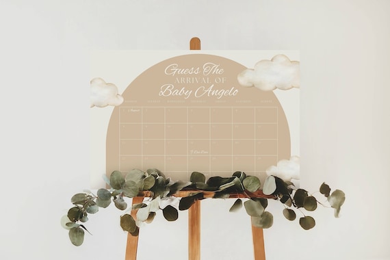 Little Piece of Heaven Baby Shower Guess Baby Due Date Sign, Editable Poster Template, Neutral Cloud Theme, Arrival Prediction Calendar Game