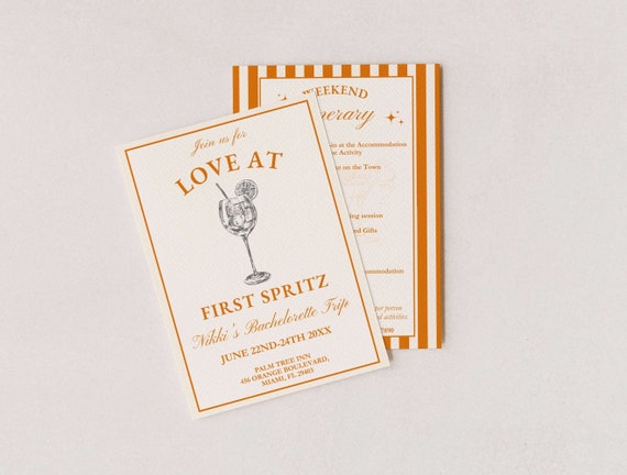 Aperol Spritz Bachelorette Invitation Itinerary, Love At First Spritz Theme, Editable Template, Girls Weekend Trip, Orange Hen Party Invite