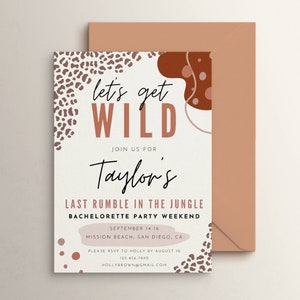 Leopard Print Bachelorette Invitation Template. Let's Get Wild Invite Itinerary. Neutral Last Rumble In The Jungle. Editable DIY Evite