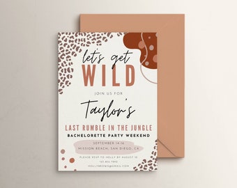 Leopard Print Bachelorette Invitation Template. Let's Get Wild Invite Itinerary. Neutral Last Rumble In The Jungle. Editable DIY Evite