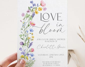 Modèle d'Invitation pour la douche nuptiale fleurs sauvages, thème amour en fleurs, esthétique florale fantaisiste, faire-part modifiable, mariée en fleurs