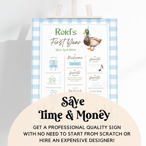 May include: A blue and white gingham background with a printable sign for a baby's first birthday. The sign features a cartoon duck wearing a party hat and a checklist of milestones. The text on the sign reads "Reid's First Year 22nd April 20XX".