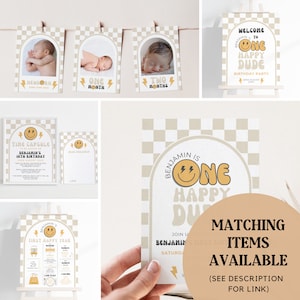 May include: A set of printable party decorations for a first birthday party. The decorations feature a smiling face with lightning bolts and the text "Benjamin is One Happy Dude".