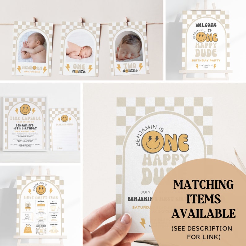 May include: A set of printable party decorations for a first birthday party. The decorations feature a smiling face with lightning bolts and the text "Benjamin is One Happy Dude".