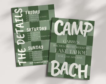 Camp Bachelorette Invitation, Camp Bach Theme, Hiking Theme, Girls Trip Itinerary Template, Editable Invite, Cabin Bachelorette Weekend
