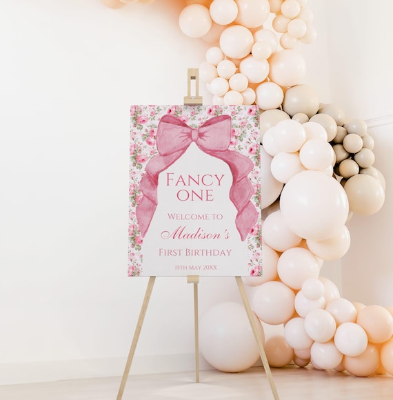 Love Shack Fancy One Birthday Welcome Sign Template, Pink Floral Bow Party Theme, Editable Welcome Board, Girls 1st Birthday Party Decor