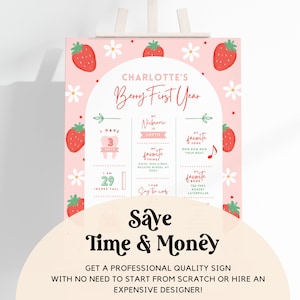 Pode incluir: Um cartaz imprim&iacute;vel rosa e verde com tema de morango. O cartaz diz "Charlotte's Berry First Year" e inclui detalhes sobre o primeiro ano da crian&ccedil;a, como sua altura, coisas favoritas e livro favorito. O cartaz &eacute; perfeito para uma festa de primeiro anivers&aacute;rio.