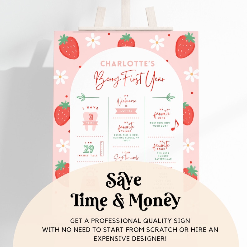 Pode incluir: Um cartaz imprim&iacute;vel rosa e verde com tema de morango. O cartaz diz "Charlotte's Berry First Year" e inclui detalhes sobre o primeiro ano da crian&ccedil;a, como sua altura, coisas favoritas e livro favorito. O cartaz &eacute; perfeito para uma festa de primeiro anivers&aacute;rio.